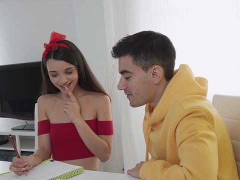 VidsPlus presents: Cute brunette ohana petite spreads legs to ride a hard dick