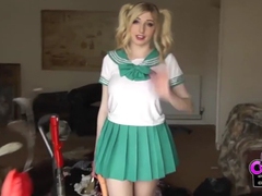 VidsPlus presents: Costume babe in a miniskirt fucks a toy outdoors