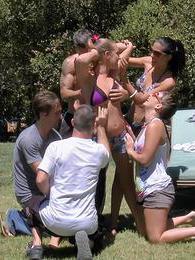 Vids Plus presents: Three naughty girls gets banged outdoors in group sex game