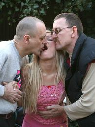 Vids Plus presents: Petite blonde teenie girl enjoying two old biker penises