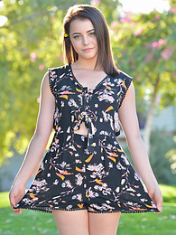 Vids Plus presents: Svelte american dark-haired teen Kylie Quinn in shorts toys her twat outdoor