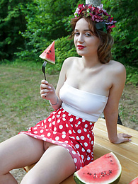 Vids Plus presents: Nice belarusian stunner Rokki removes all clothes on a blanket in a backyard